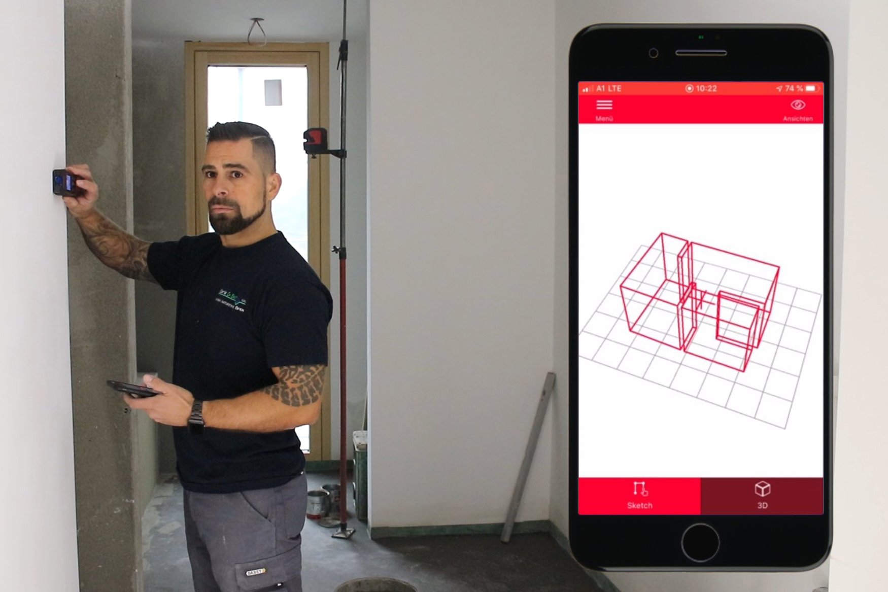 A man measures a distance with the Leica DISTO X3 laser measure. A 3D model of the room is created in the DISTO Plan app on the smart phone