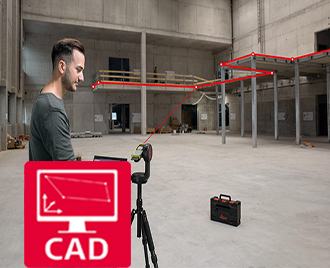 Icon for CAD data capturing. In the background, the as-built of a railing is created using a Leica DISTO X6 laser measure on a DST 360-X