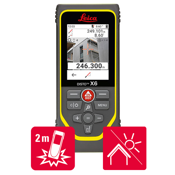 Leica DISTO X6 laser measure with icons for indoor and outdoor measurements and 2 m drop test