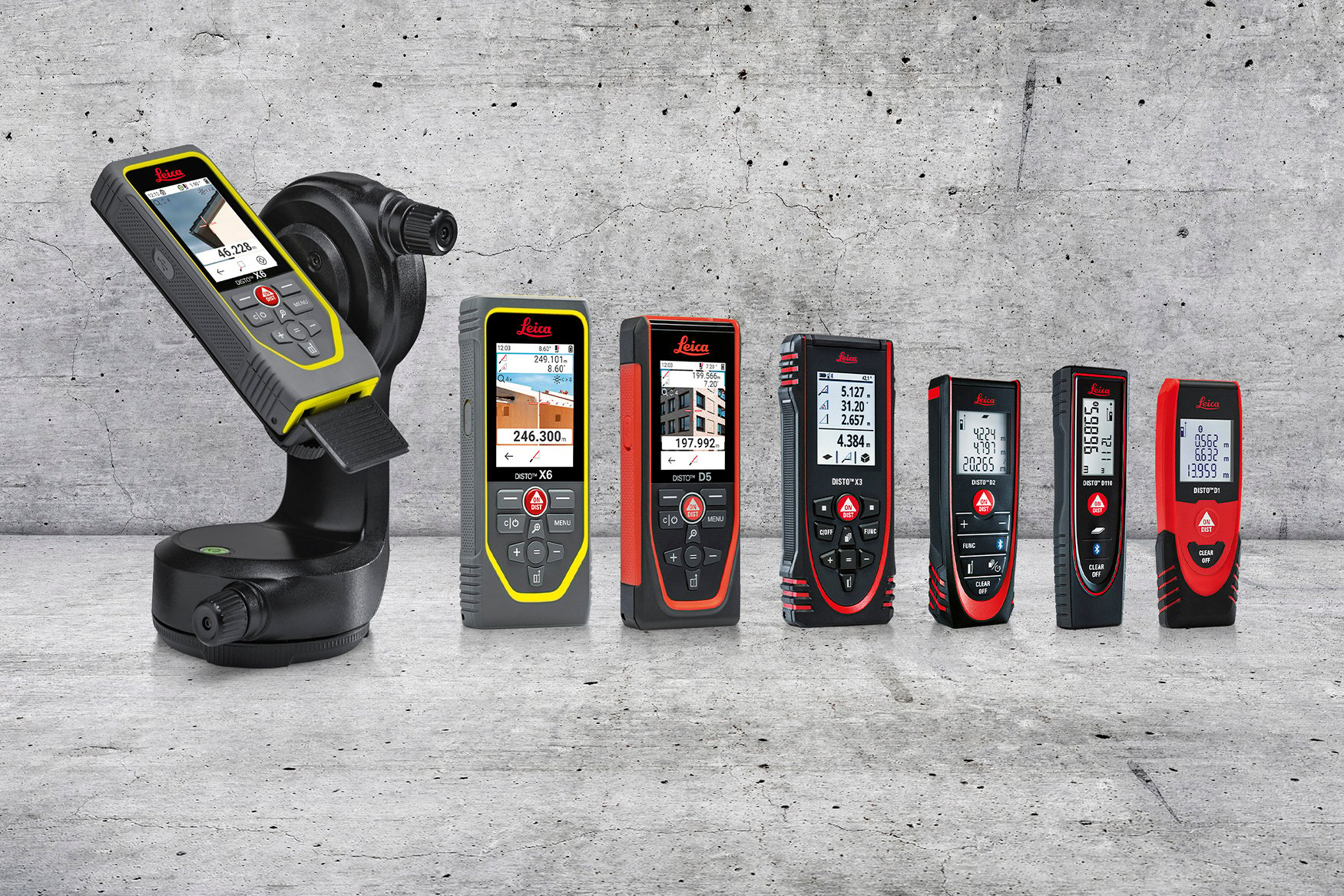 Leica DISTO series consisting of 6 laser measures with different functionality and size and the tripod adapter DST 360-X for P2P Technology
