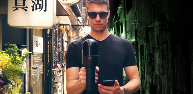 Man scanning an alleyway in Japan with a BLK2GO. To his left is a detailed view of storefronts and to his right is a green and black point cloud of the alleyway 