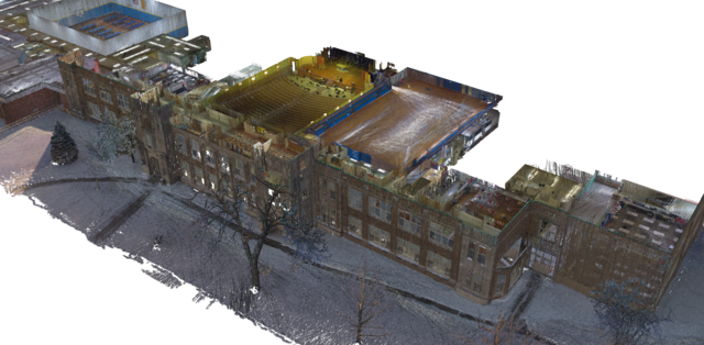 Voxelized point cloud image of a school building taken with the BLK2GO